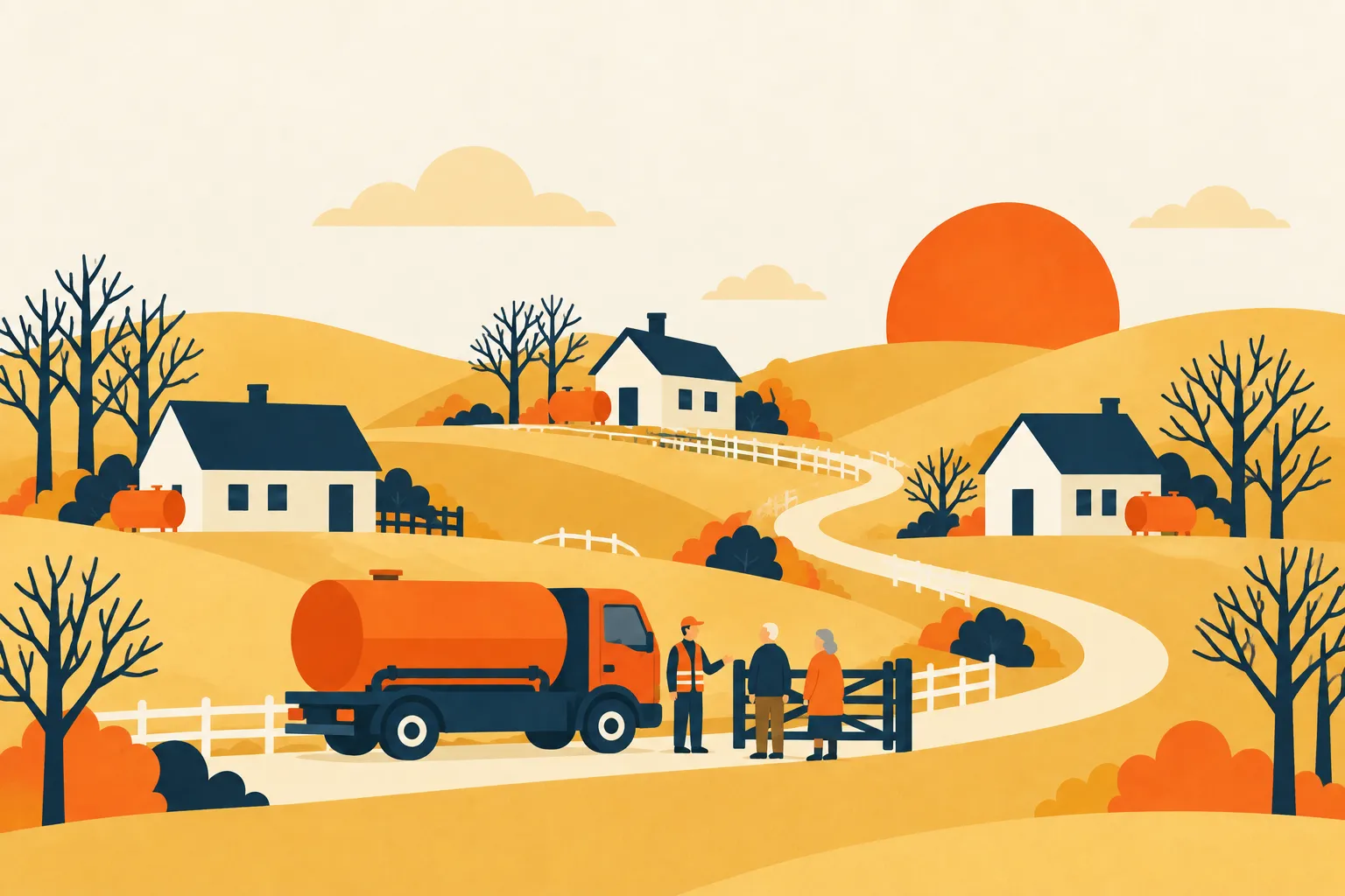 Illustration of an orange oil tanker on a country lane, stopping at a row of houses while a driver talks to two neighbours.